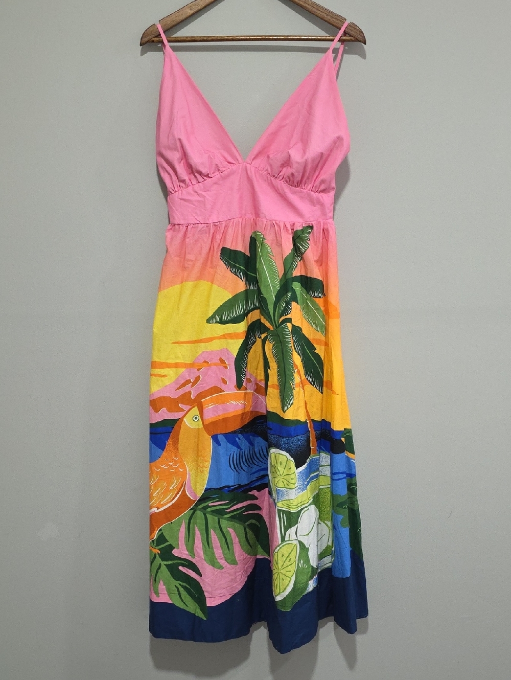 FARM RIO Tropical Sunset Toucan Palm Tree Midi Dress Size M Anthropologie
